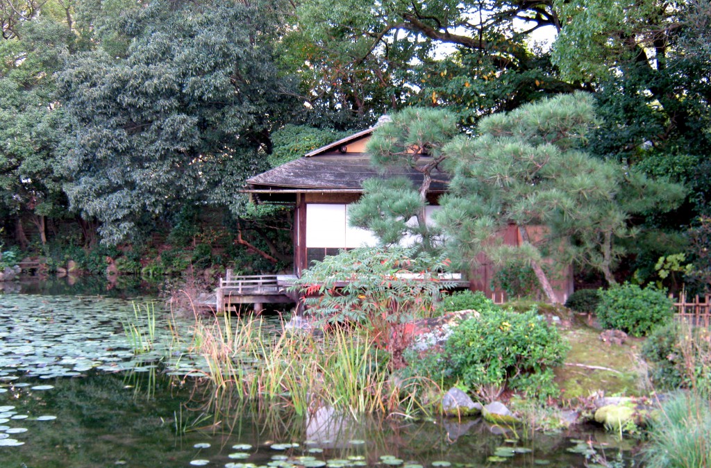美しい池面に浮かぶ渉成園の茶室　撮影　三和正明